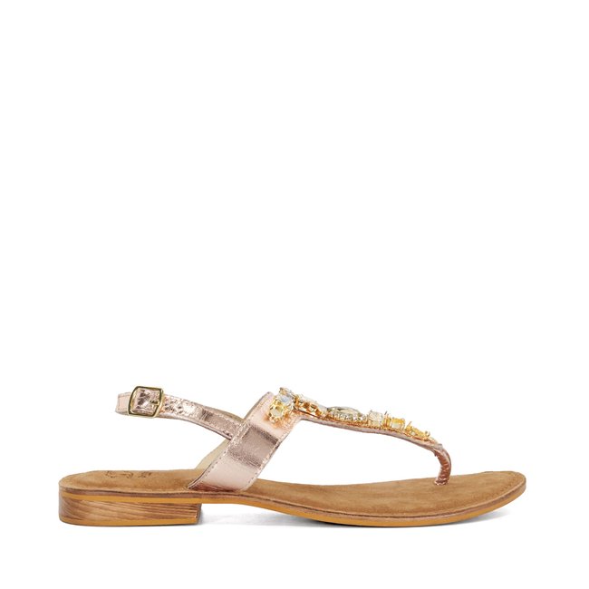 Sandales tongs ornées de pierres fantaisie - LARVA or rose cuir <span itemprop=