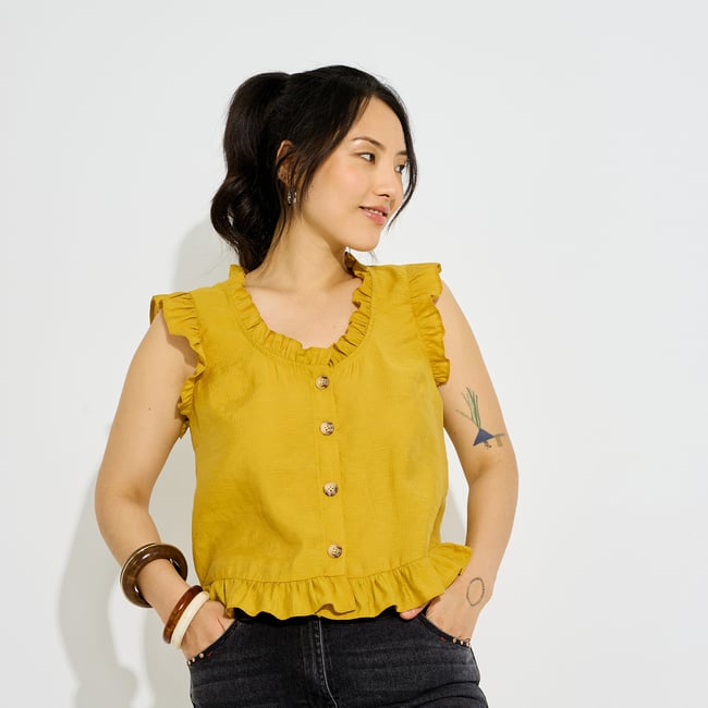 Blouse sans manches à volants jaune <span itemprop=