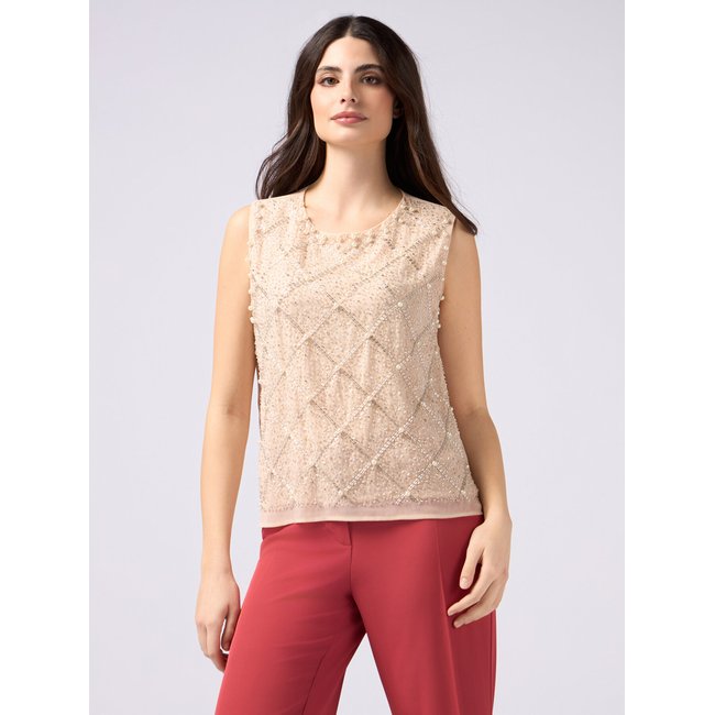 Top en georgette avec applications décoratives beige <span itemprop=