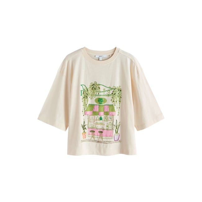 T-shirt droit ras du cou à manches courtes graphisme matcha perlé écru <span itemprop=
