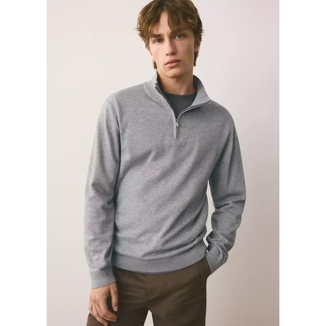 Pull col montant zip gris chiné clair <span itemprop=