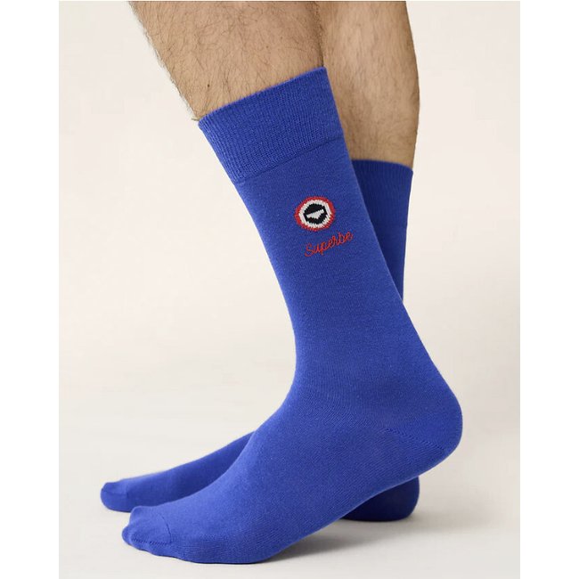 Ein Paar unifarbene hohe Socken Lucas blau <span itemprop=