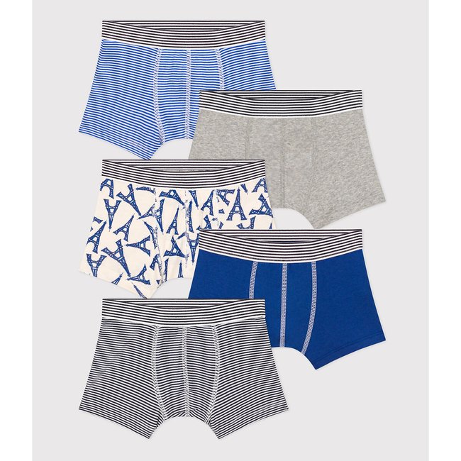 Pack of 5 Boxers in Cotton, blue + grey, PETIT BATEAU