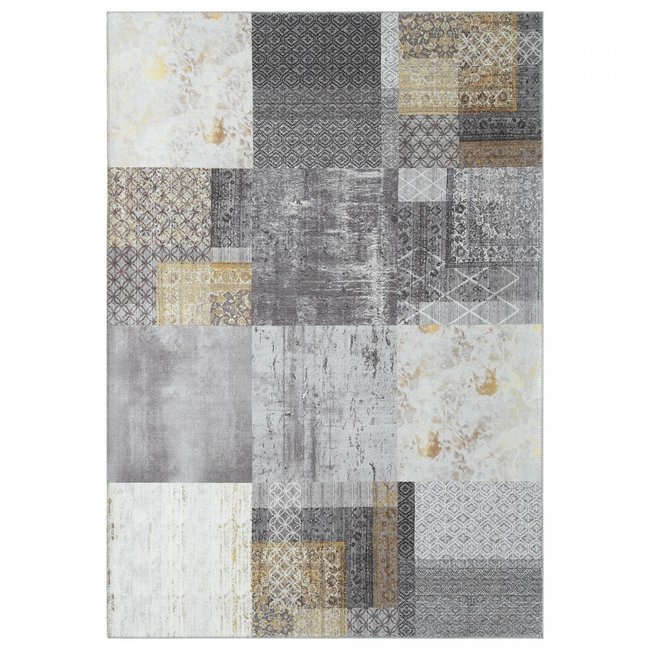 Tapis salon et chambre tissé en coton motif damier CARRAL Couleur gris, or <span itemprop=