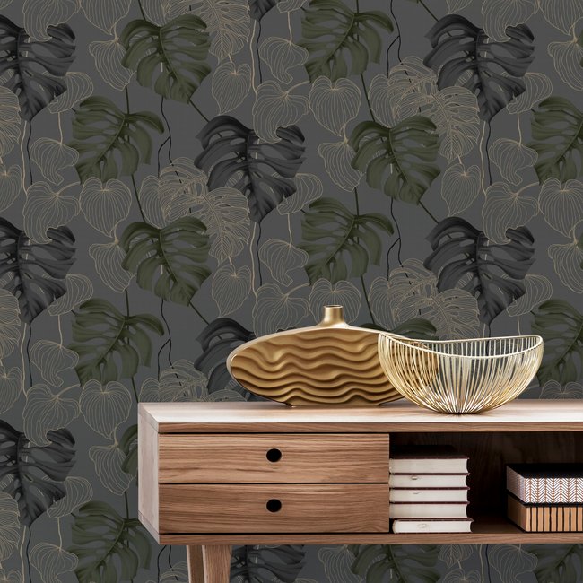 Papier peint Feuillage Monstera PARADISO Couleur gris <span itemprop=