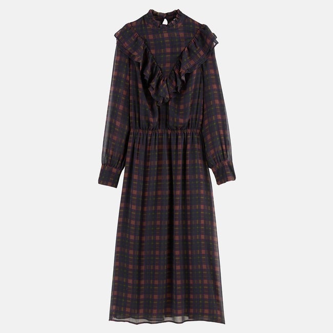 Robe longue à carreaux et volants, manches longues carreaux bleu <span itemprop=