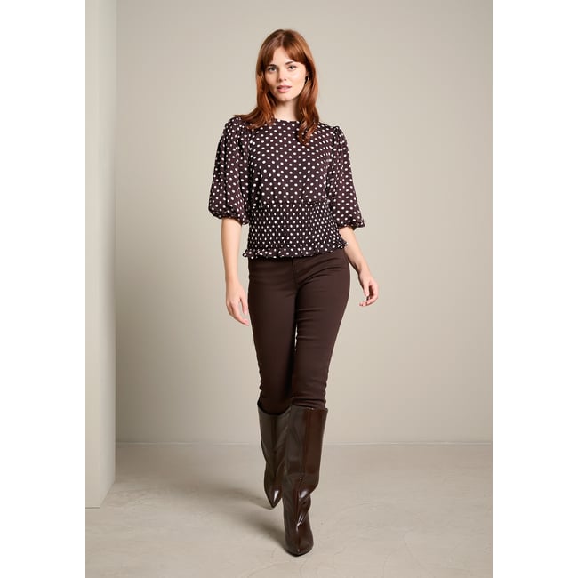 Top à pois taille smockée brun fonce chocolate <span itemprop=