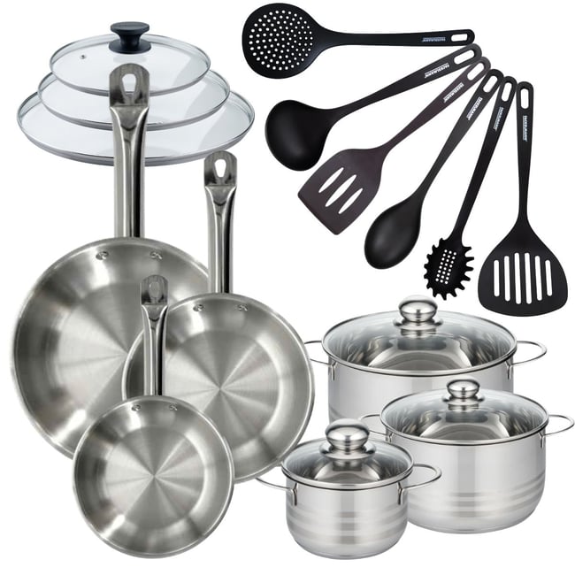 Batterie 3 poêles 20/24/28cm + 3 faitouts 16/20/24cm ETERNA inox <span itemprop=