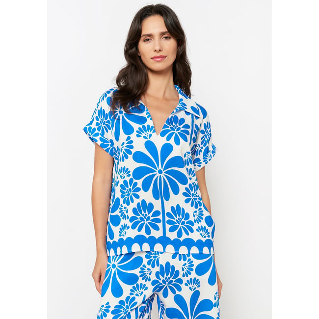 Blouse à imprimé floral bleu electrique <span itemprop=