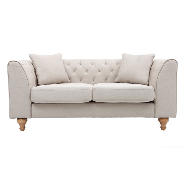 Canapé 2 places capitonné en tissu beige et bois clair MONTAIGNE Couleur beige naturel <span itemprop=