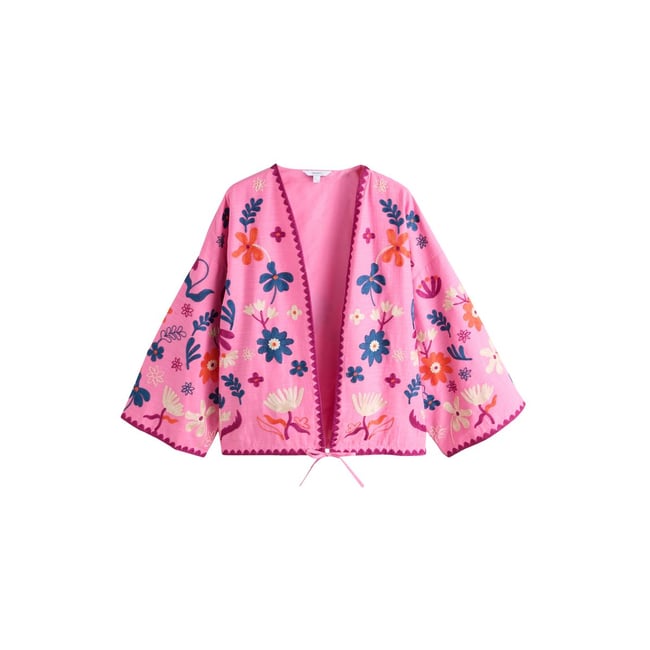 Veste à nouer sur le devant floral brodé rose <span itemprop=
