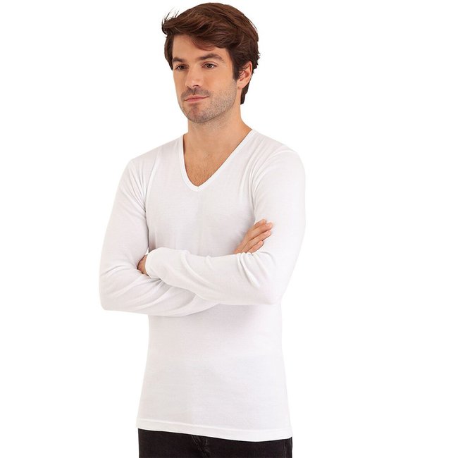 Camiseta de manga larga con cuello de pico blanco <span itemprop=