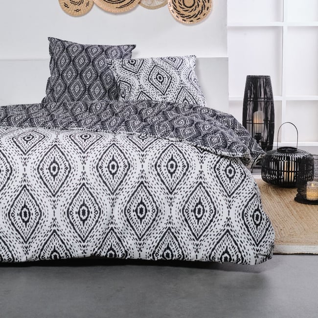 Parure de lit imprimé géométrique coton SUNSHINE MAEL noir <span itemprop=