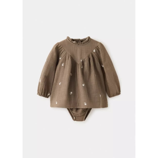 Robe et barboteuse à fleurs brodées chocolat <span itemprop=
