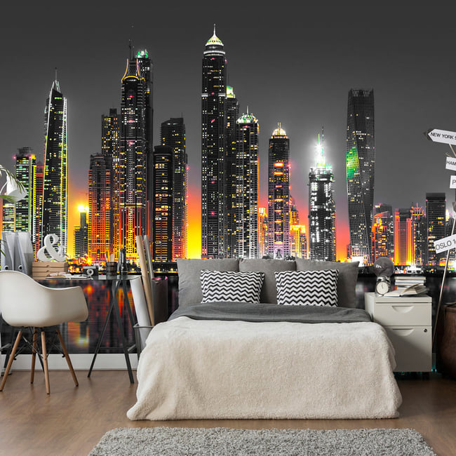 Papier peint intissé panoramique Ville et Architecture Desert City (Dubai) Couleur noir <span itemprop=