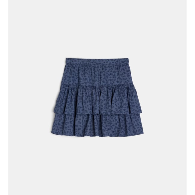 Jupe volantée toleil à motif floral bleu <span itemprop=