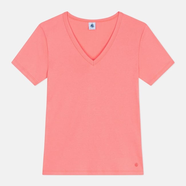Tee shirt col v manches courtes  rose corail <span itemprop=