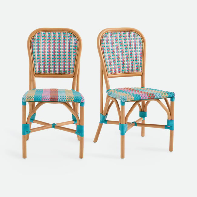 Lot de 2 chaises, en canne de rotin et résine tressée, MUSETTE Couleur bleu multicolore <span itemprop=