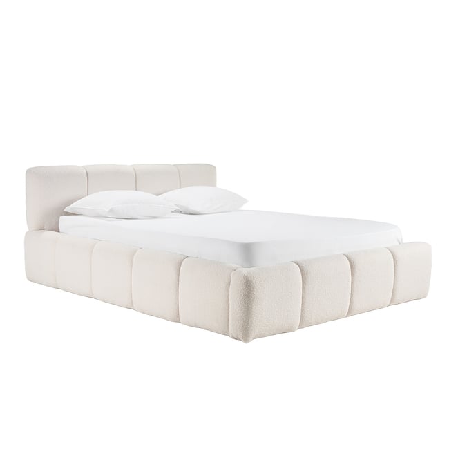 Lit coffre 2 places 160x200 cm en tissu laine bouclée MOTTO Couleur beige <span itemprop=