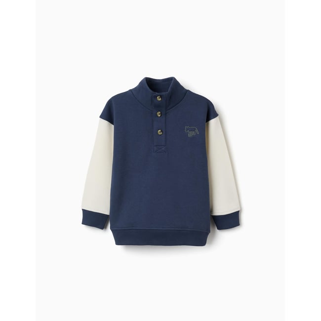 Sweat en coton peigné avec col montant et broderie bleu foncé <span itemprop=