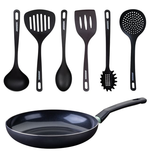 Set poêle antiadhésive céramique 30 cm et 6 ustensiles BRANDAO noir|vert <span itemprop=