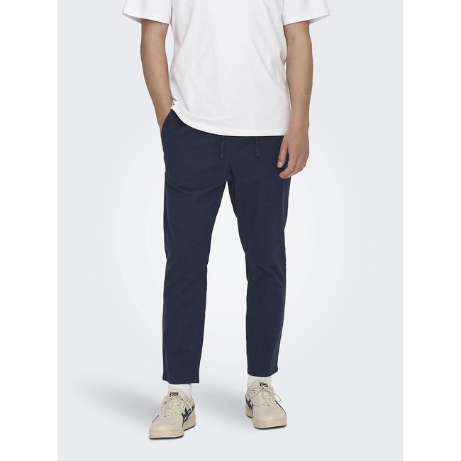 Cotton/Linen Drawstring Trousers, dark blue, ONLY & SONS