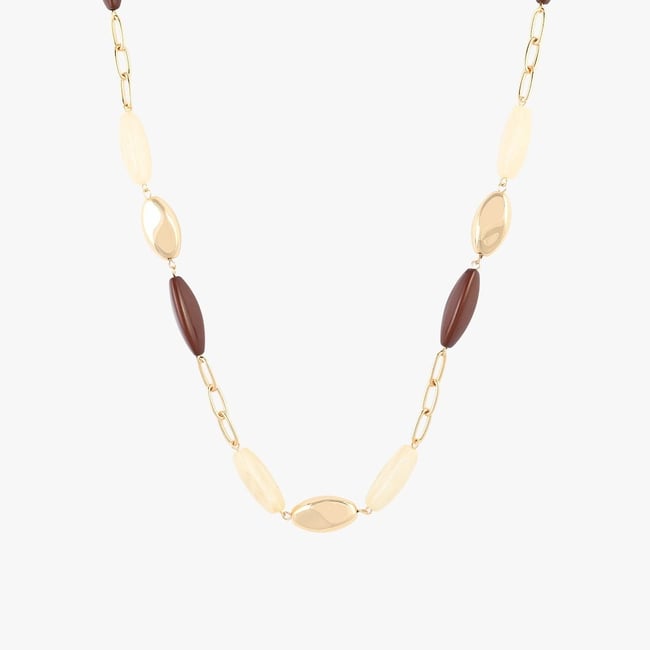 Collier long perles fantaisie écru et marron marron <span itemprop=