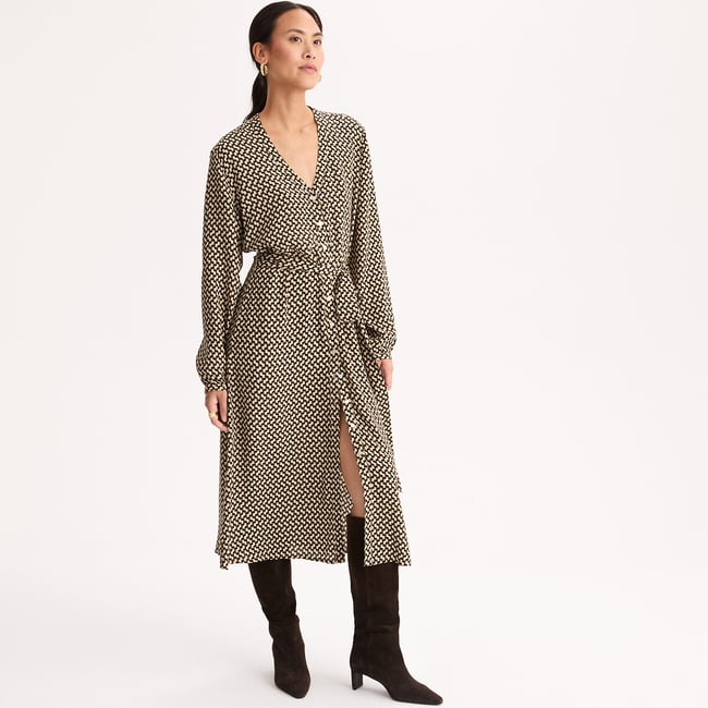Robe longueur midi à manches longues imprimé graphique imprimé géométrique <span itemprop=