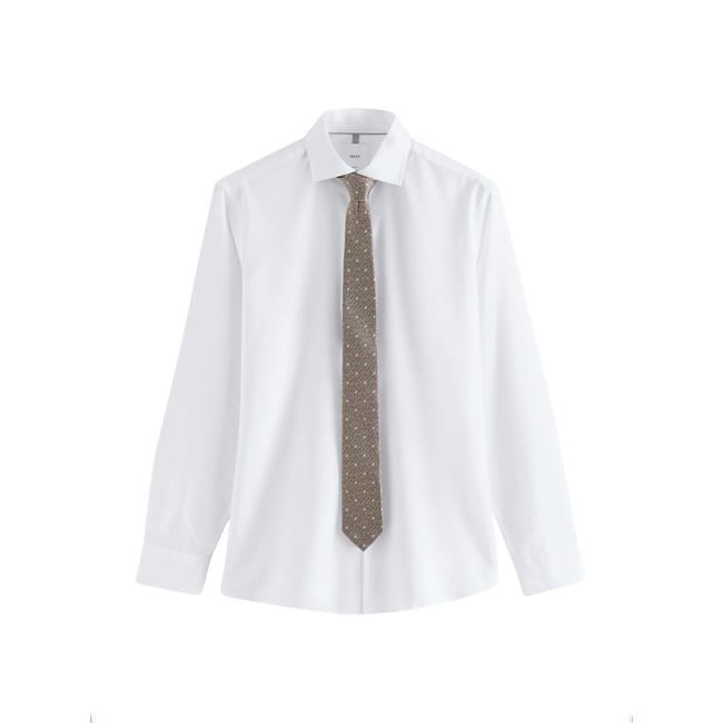 Chemise en coton, cravate et pochette blanc/neutre à pois <span itemprop=