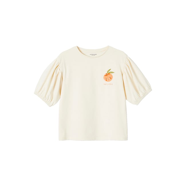 T-shirt manches boules motif fruit poitrine écru <span itemprop=