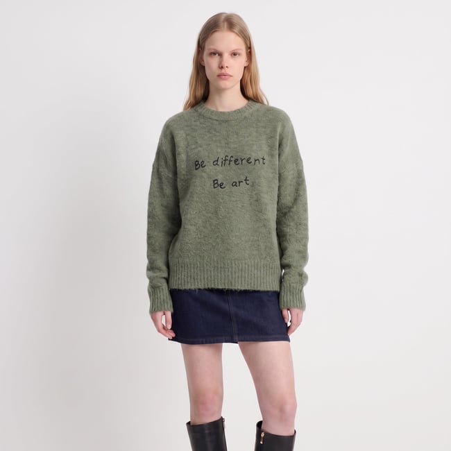 Pull femme brodé à col rond FLISSE green <span itemprop=