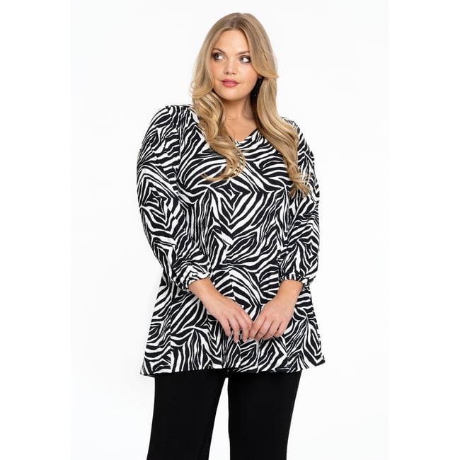Top Tunique Miss Captain Taille 42 - Polyester Noir Imprimé Gris - Manches Longues Transparent - Occasion Très Bon état