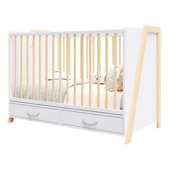 Lit bébé évolutif et Bureau 2 en 1- LIV - 120x60 cm - Blanc et Pin blanc et pin <span itemprop=