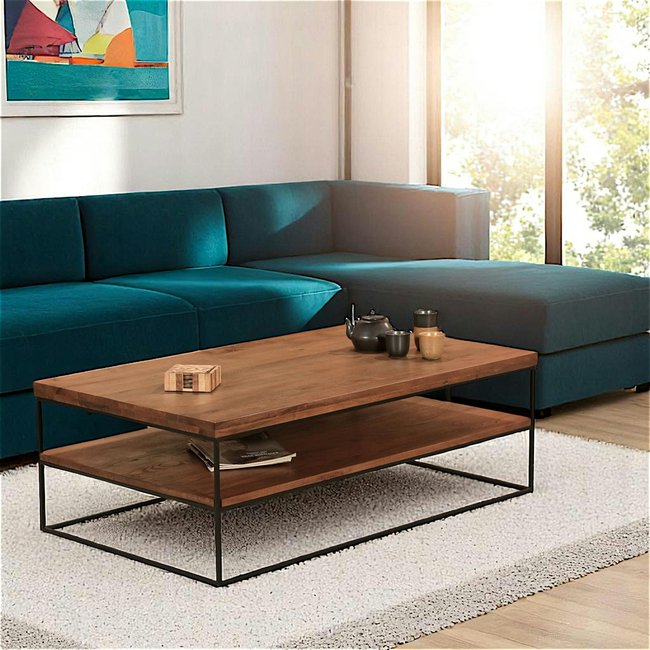 Table basse en bois massif double plateau 120 cm OKA Couleur bois naturel <span itemprop=