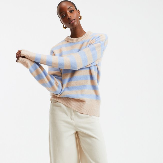 Striped Brushed Knit Jumper with Crew Neck, beige stripe/blue, LA REDOUTE COLLECTIONS