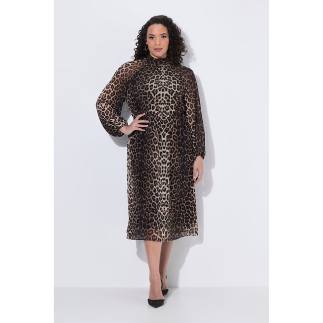 Robe midi motif léopard, coupe évasée chameau <span itemprop=