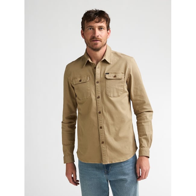 Chemise droite unie, manches longues camel <span itemprop=