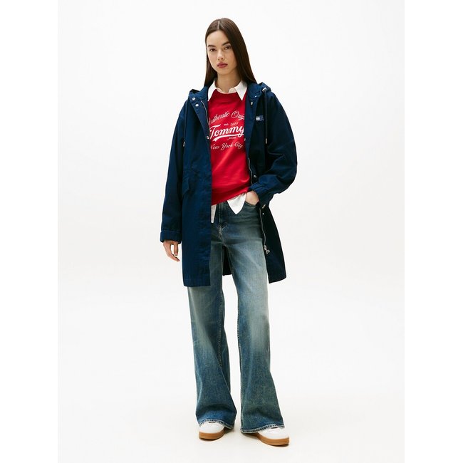 Abrigo midi entallado con capucha azul marino <span itemprop=