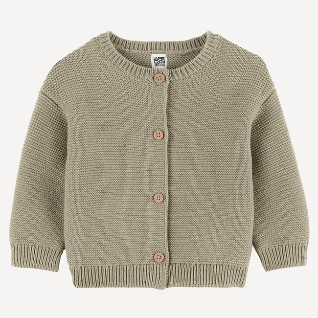 Gilet col rond, boutonné, en grosse maille kaki <span itemprop=