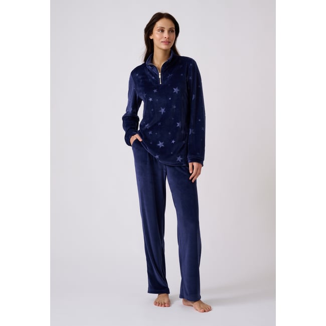 Pyjama Thermolactyl en velours côtelé et embossé bleu nuit <span itemprop=