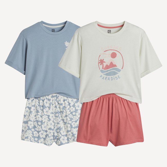 Lot 2 pyjashorts coton, motifs fleurs et message rose + bleu + écru <span itemprop=
