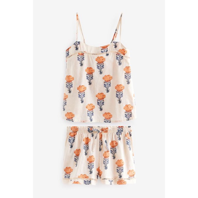 Short et caraco coupe classique, ensemble crème  à fleurs <span itemprop=