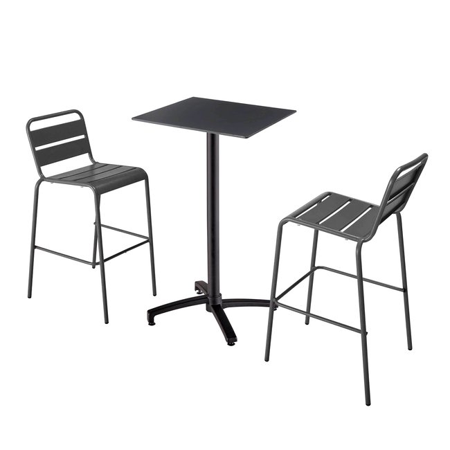 Table haute en HPL inclinable et 2 chaises hautes en métal, OPERA gris anthracite <span itemprop=