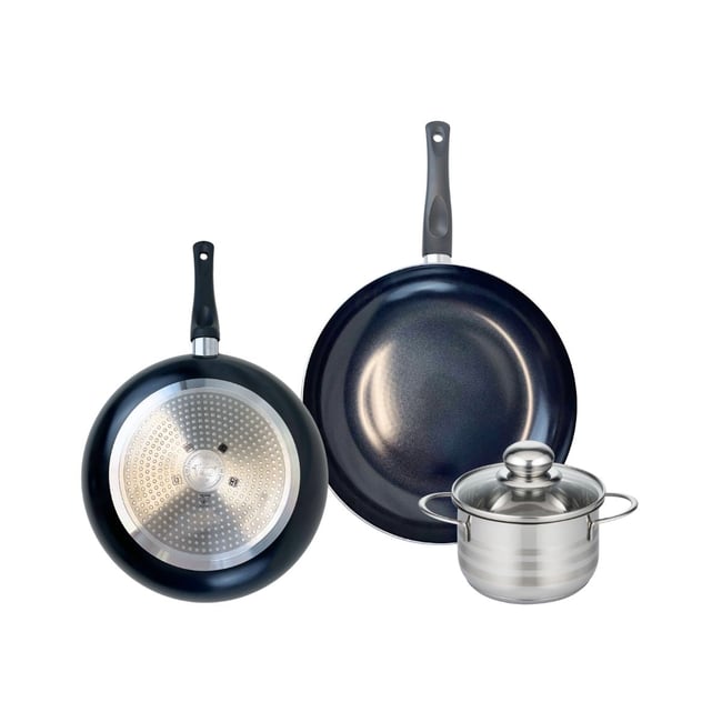Batterie 2 poêles 28/32cm + 1 faitout 16cm PRIMA BRILLANT noir <span itemprop=