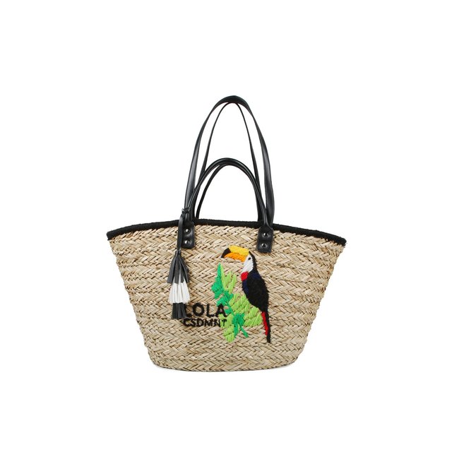 Cabas en paille brodé toucan multi-anses beige <span itemprop=