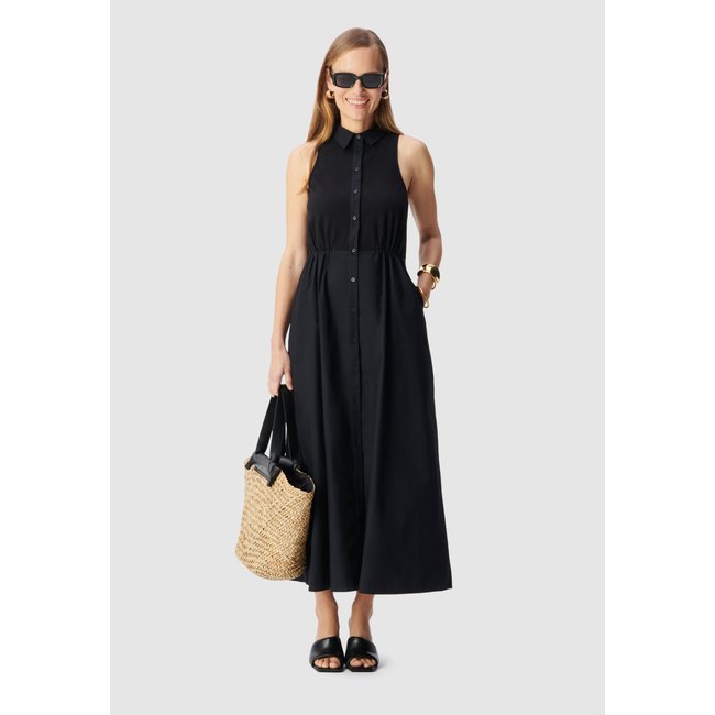 Robe longue boutonnée bi-matière noir <span itemprop=