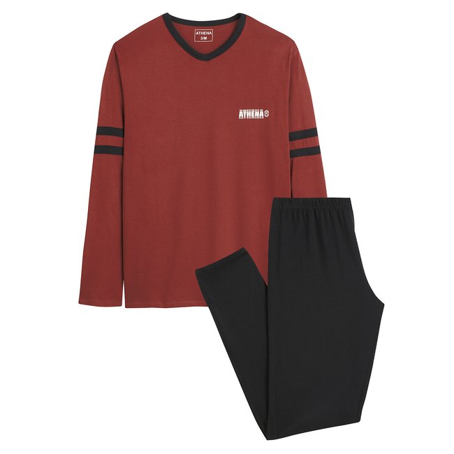 Cotton v neck pyjamas brick red black Athena La Redoute