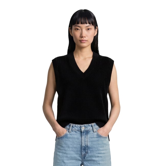 Pull sans manches Regular Fit en pur coton biologique noir <span itemprop=
