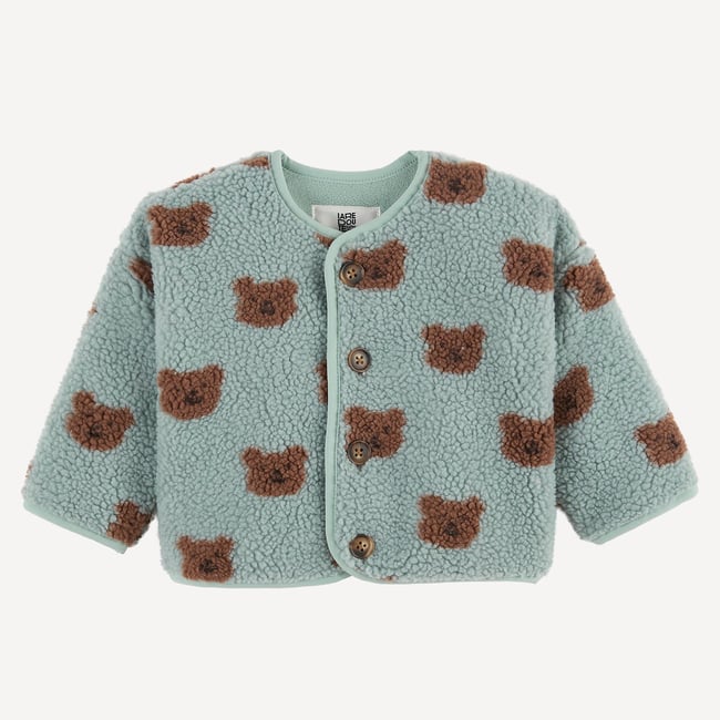 Veste à col rond, boutonnée, motif ours, en sherpa doublée polaire bleu <span itemprop=