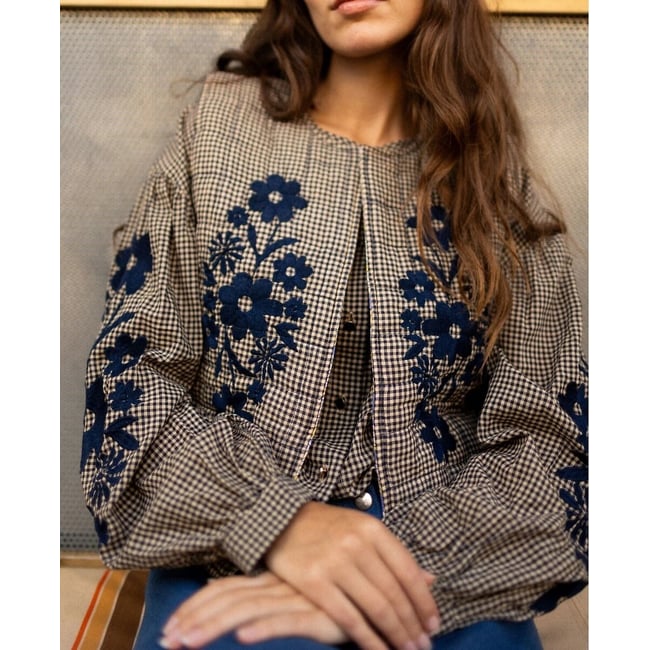 Gilet sans manches réversible, SAKARA  imprimé carreaux <span itemprop=